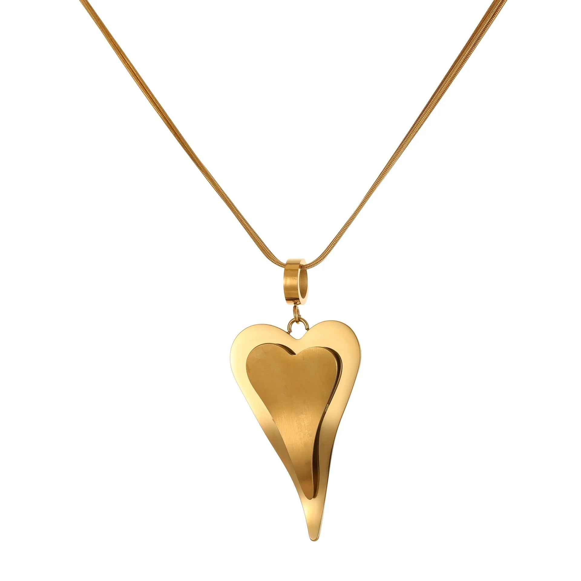Women's stainless steel necklace with double heart geometric pendant on a snake bones chain in gold or steel finish.