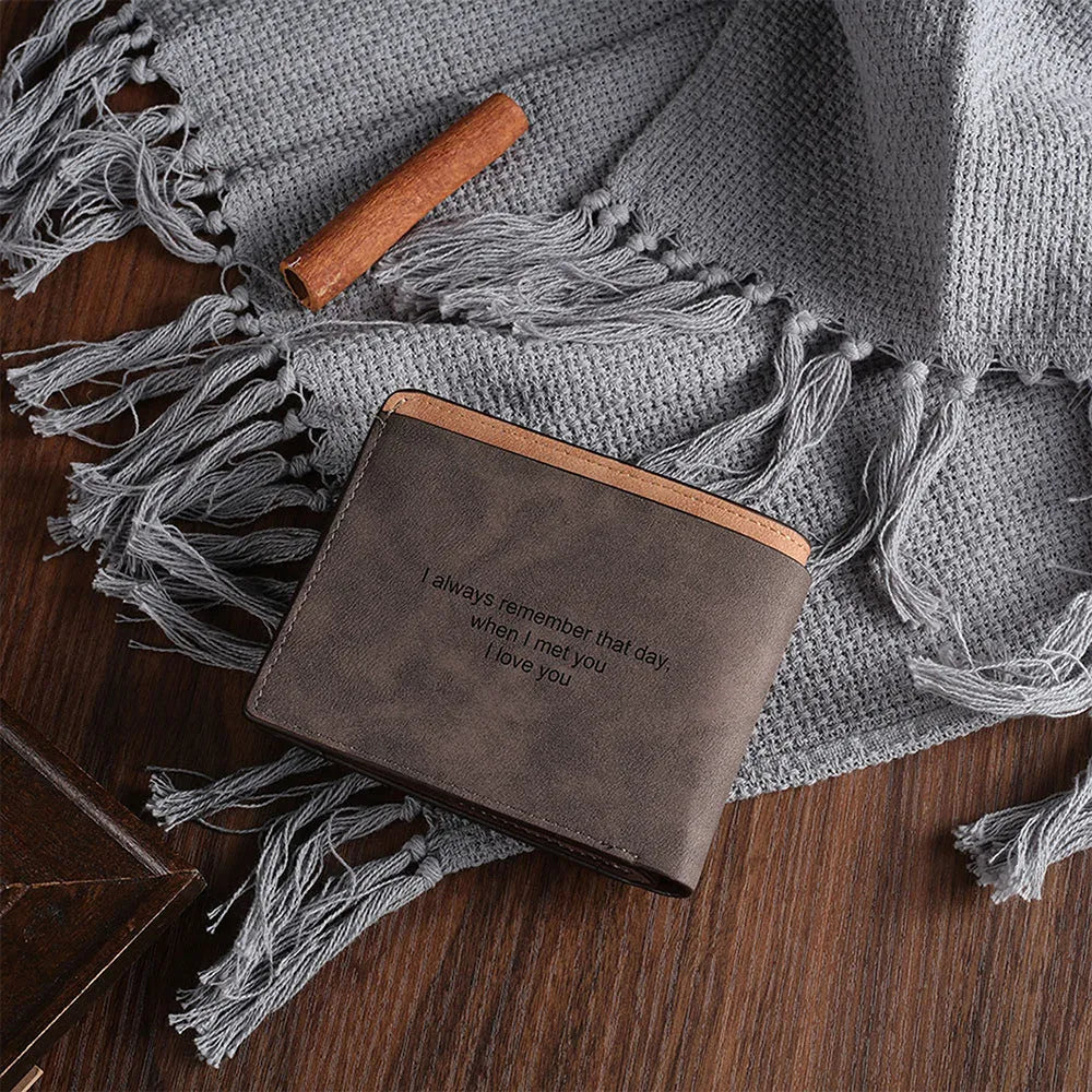Coffee coloured engraved PU leather short wallet showing personalised photo engraving, front view.