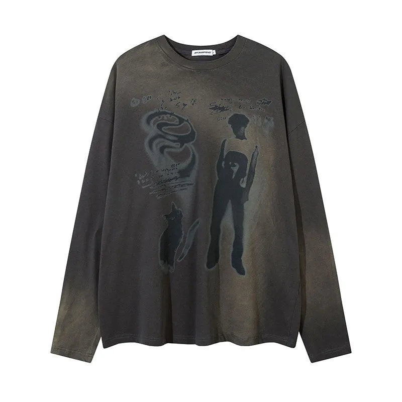 Women's dark grey loose fit cotton pullover top with drop shoulders and letter print pattern