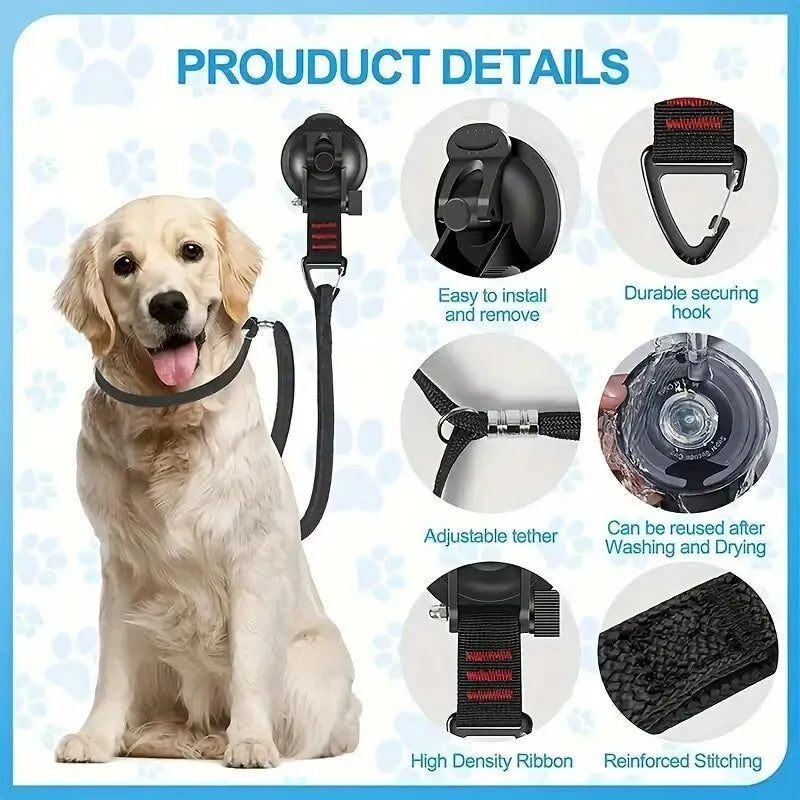 Black and blue pet bathing restraint with suction cup, rope, and anti-grab handcuffs shown in small and large sizes.