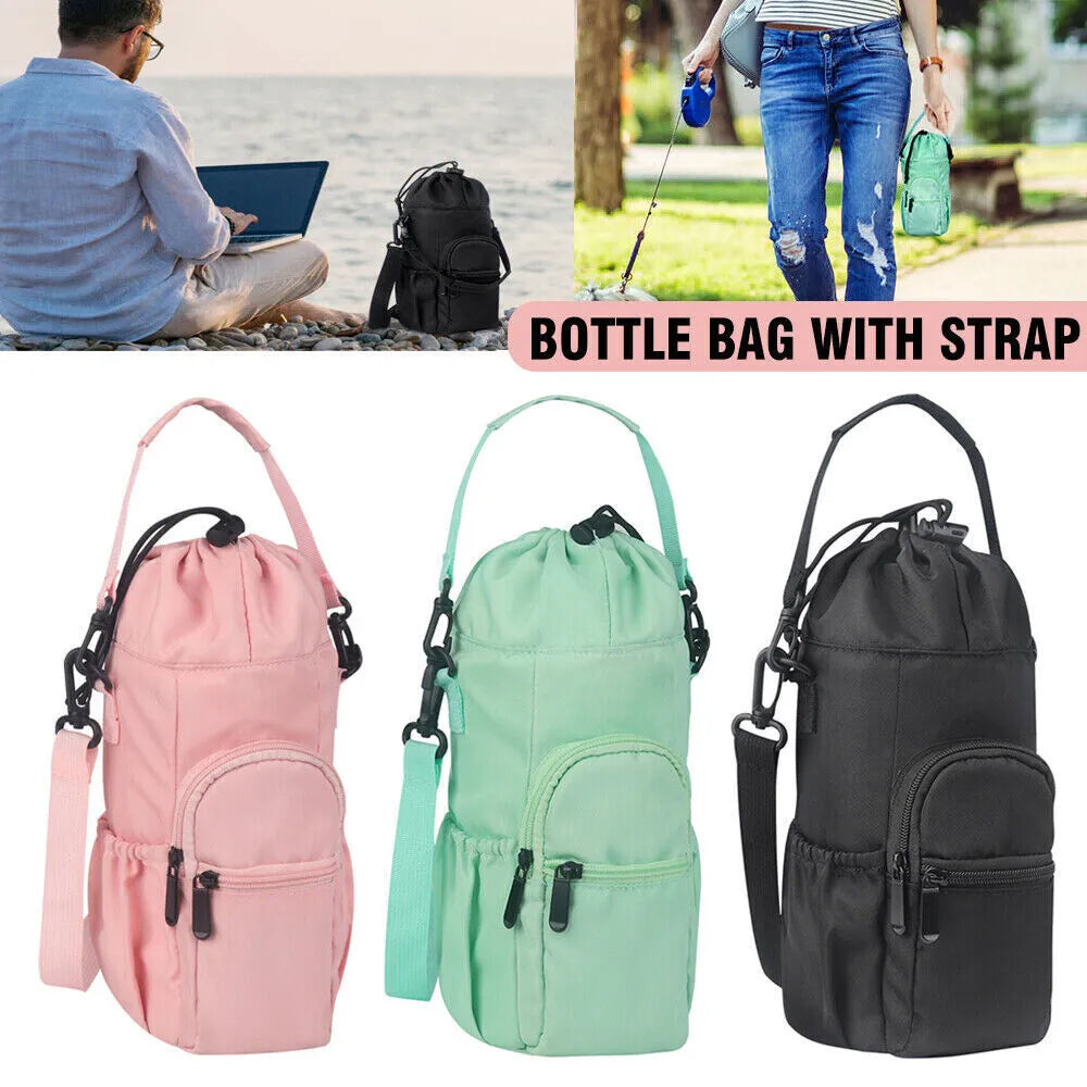 Cloth crossbody water bottle pouch shown in black, green, and pink colours with an adjustable strap.