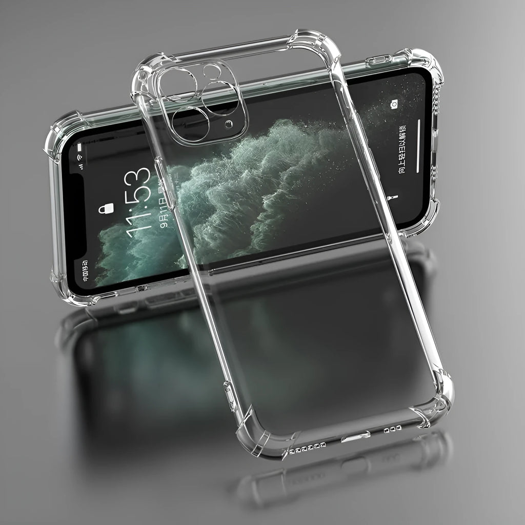 Clear transparent TPU shockproof phone case for Apple iPhone showing compatibility with multiple models