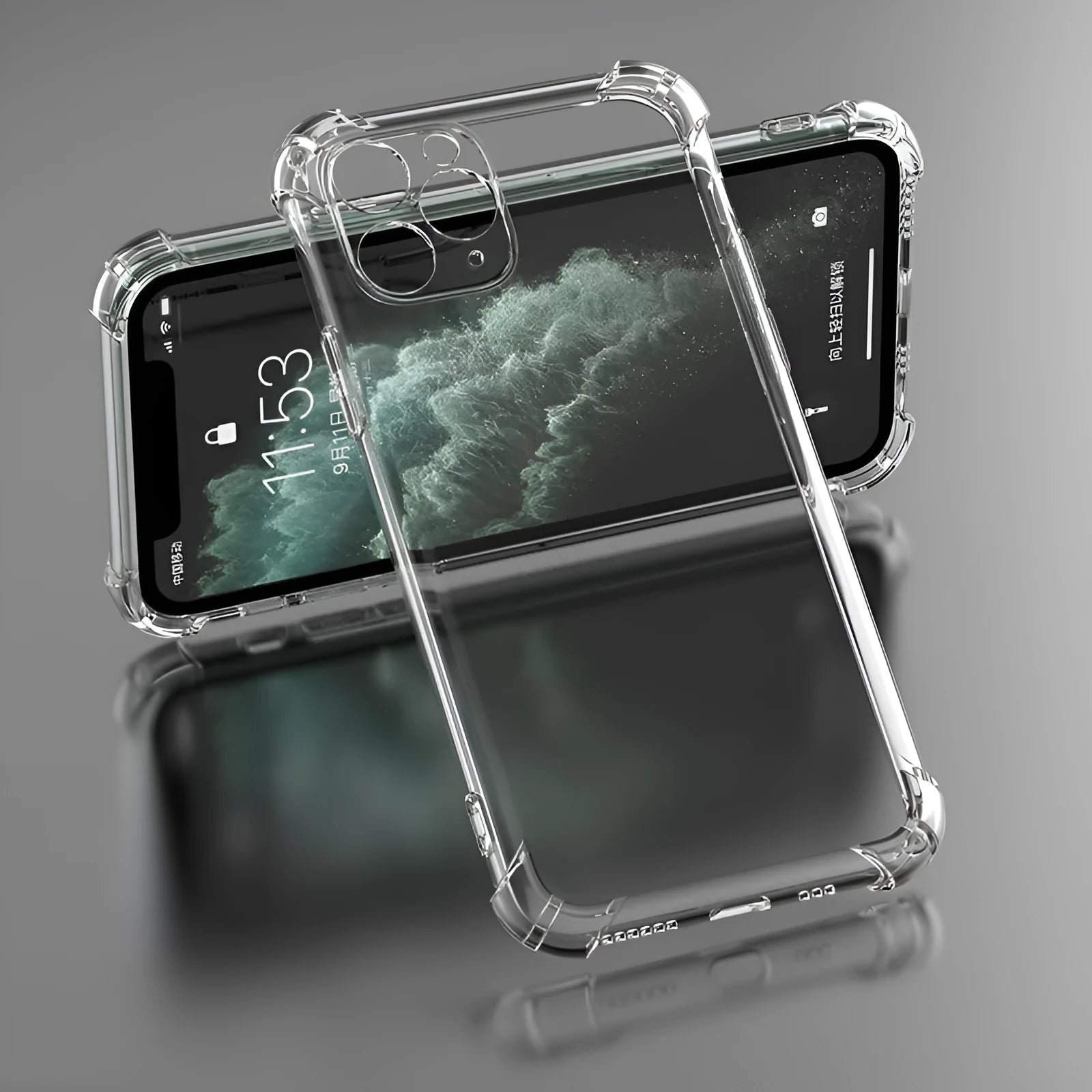 Clear transparent TPU shockproof phone case for Apple iPhone showing compatibility with multiple models