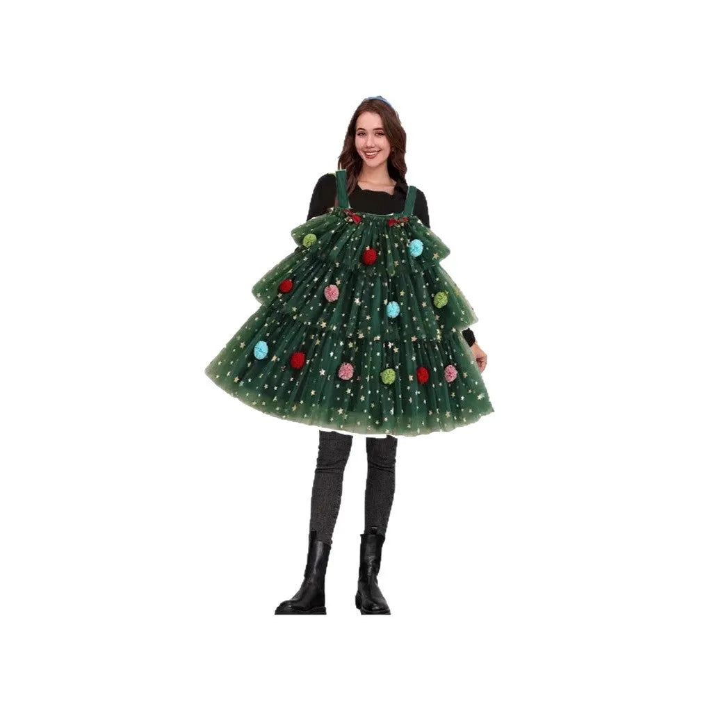 Green mesh polka dot dress with Christmas tree pattern and colourful ball decorations