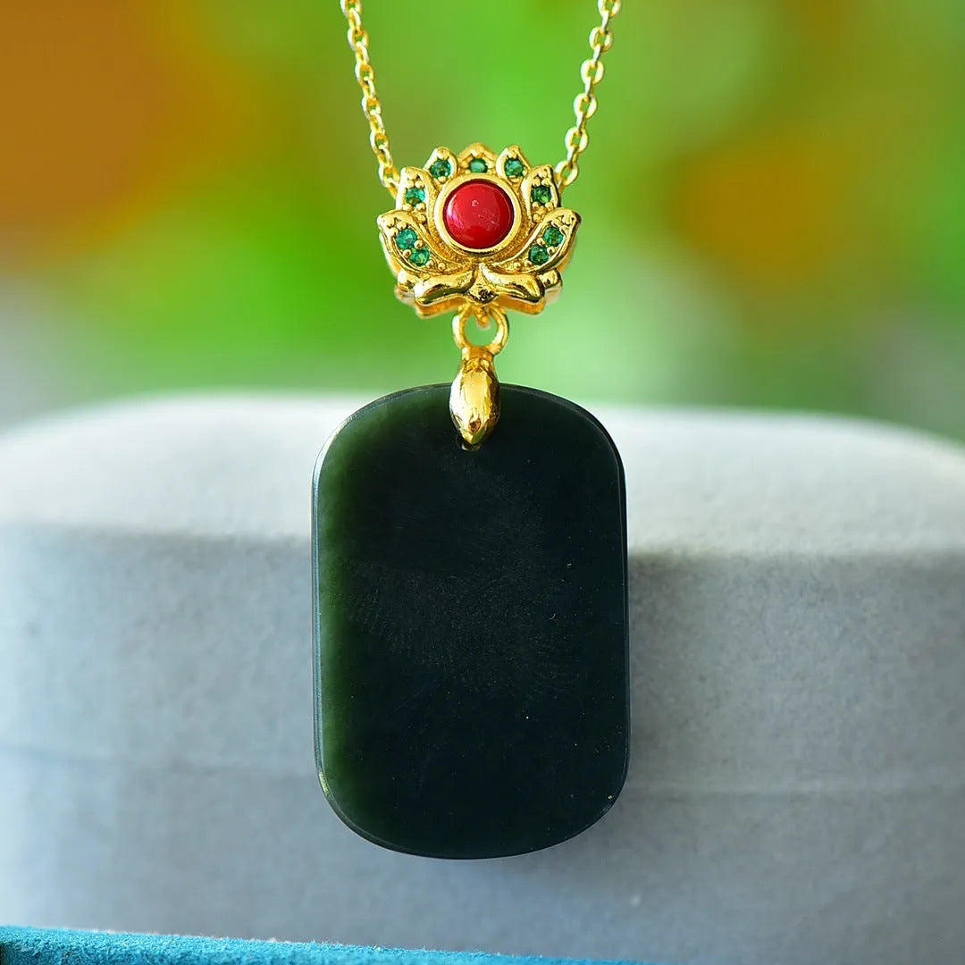 Copper inlaid natural gray Hetian jade flat pendant necklace with modern minimalist design