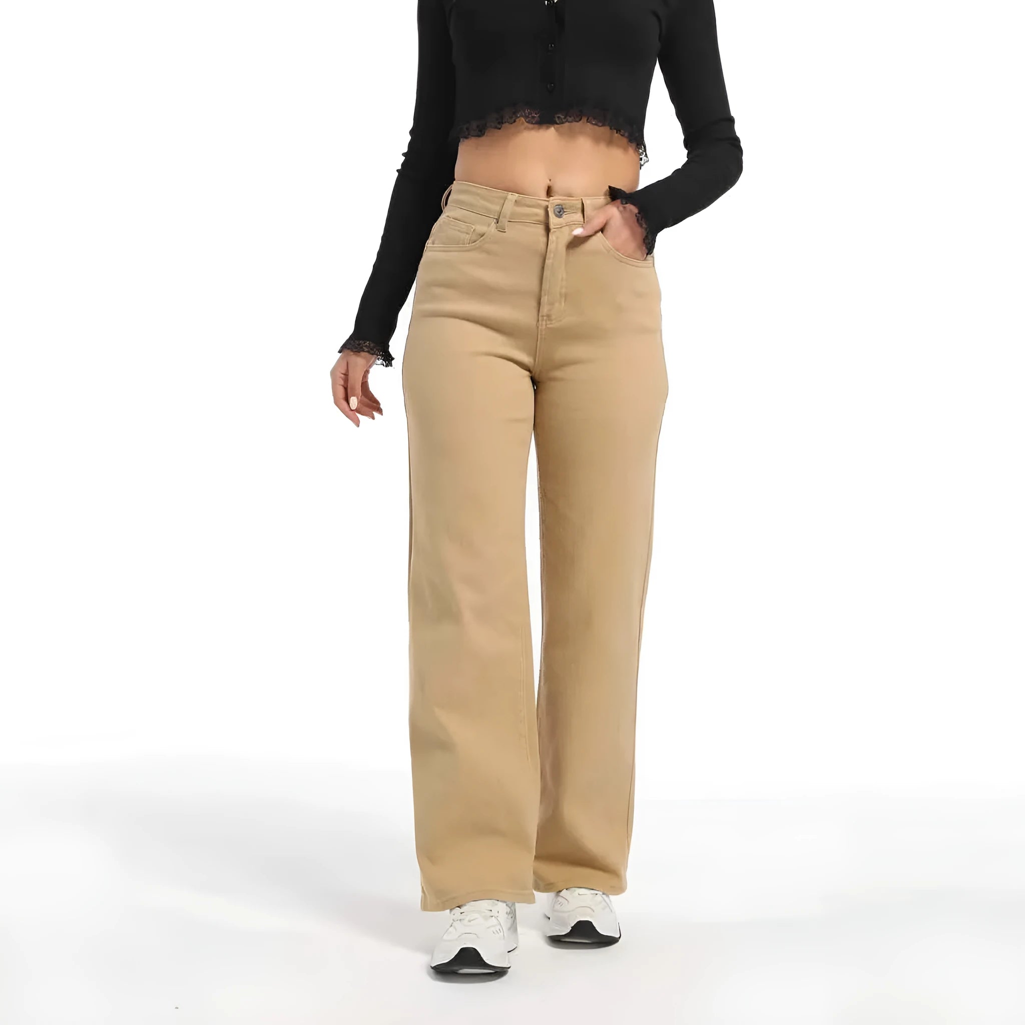 Women's straight wide-leg autumn jeans in apricot colour with high waist design