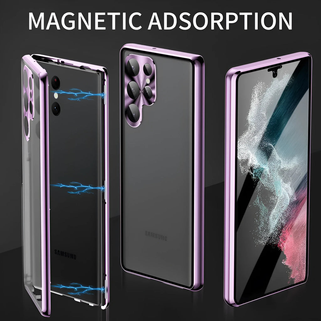 Samsung S24 Ultra phone case with mirror and magnetic metal construction in black, blue, gold, green, purple, red, and silver.