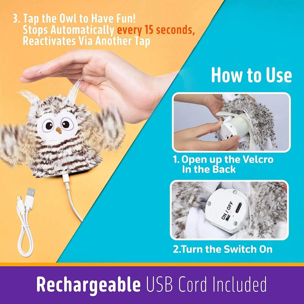 Grey automatic chirping owl cat toy with flapping wings on USB charging cable