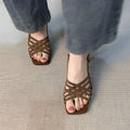 Women's retro light brown high heel sandals with cross-straps and ankle buckle on a 3-6cm block heel