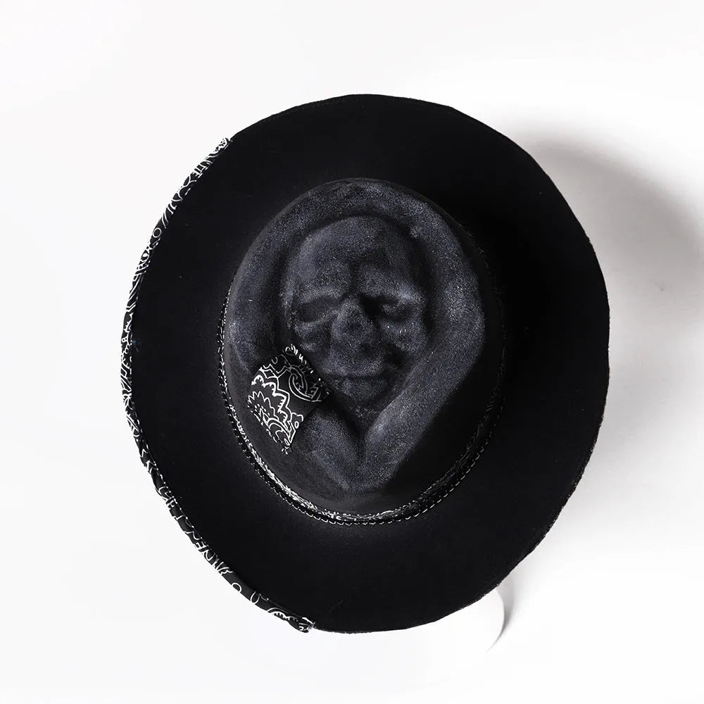 Handmade wool felt skull hat with conical crown in skull hat colour