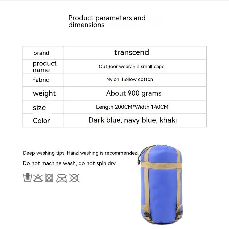 Outdoor cloak sleeping bag wearable as cape shawl with 200x140cm dimensions and hollow cotton filling