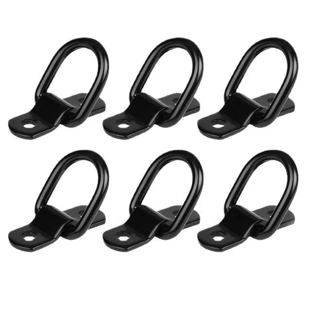 Black galvanised carbon steel truck floor hook with a fitted pull ring accessory.