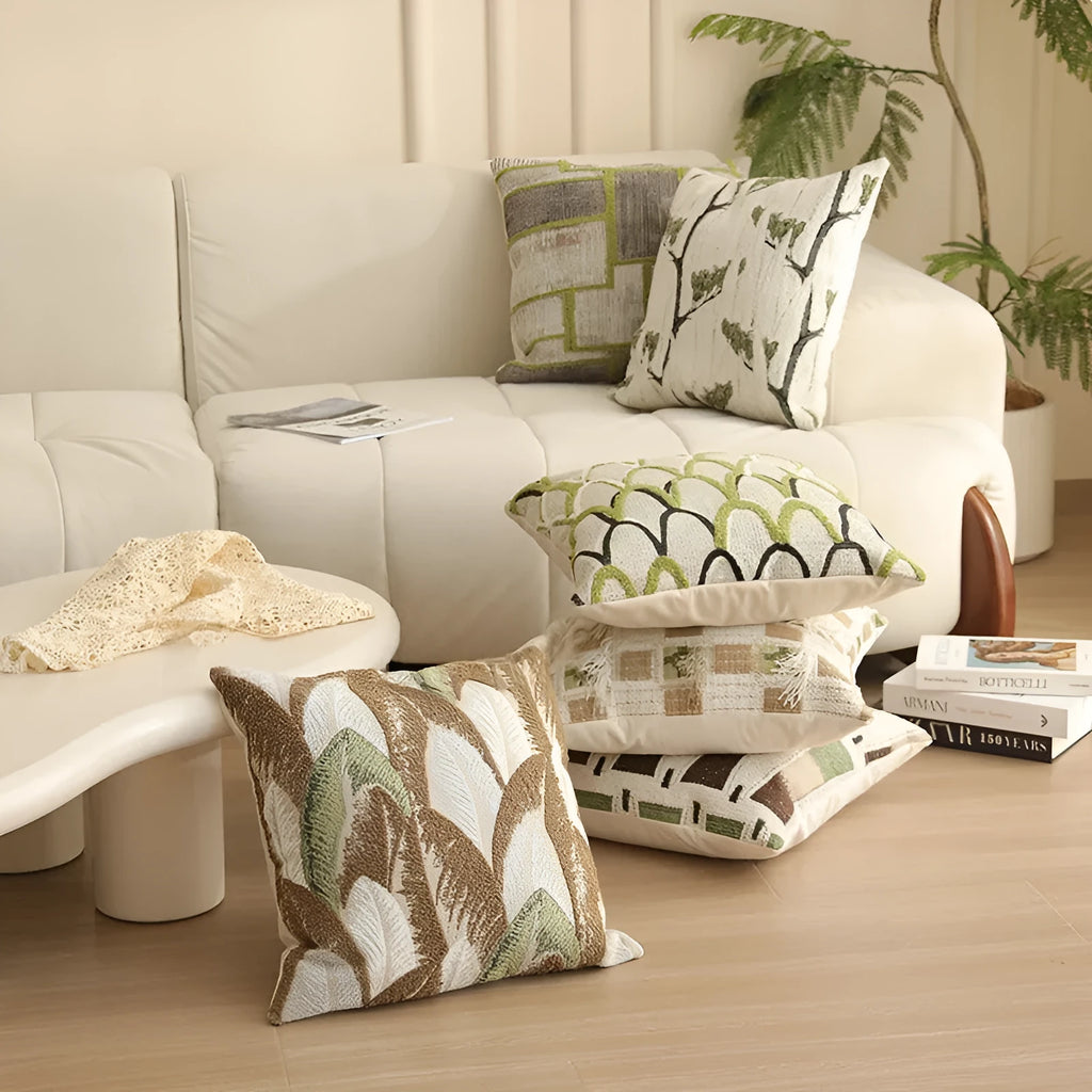 Square Jacquard woven cushion cover with detailed retro botanical pattern in 45x45cm size