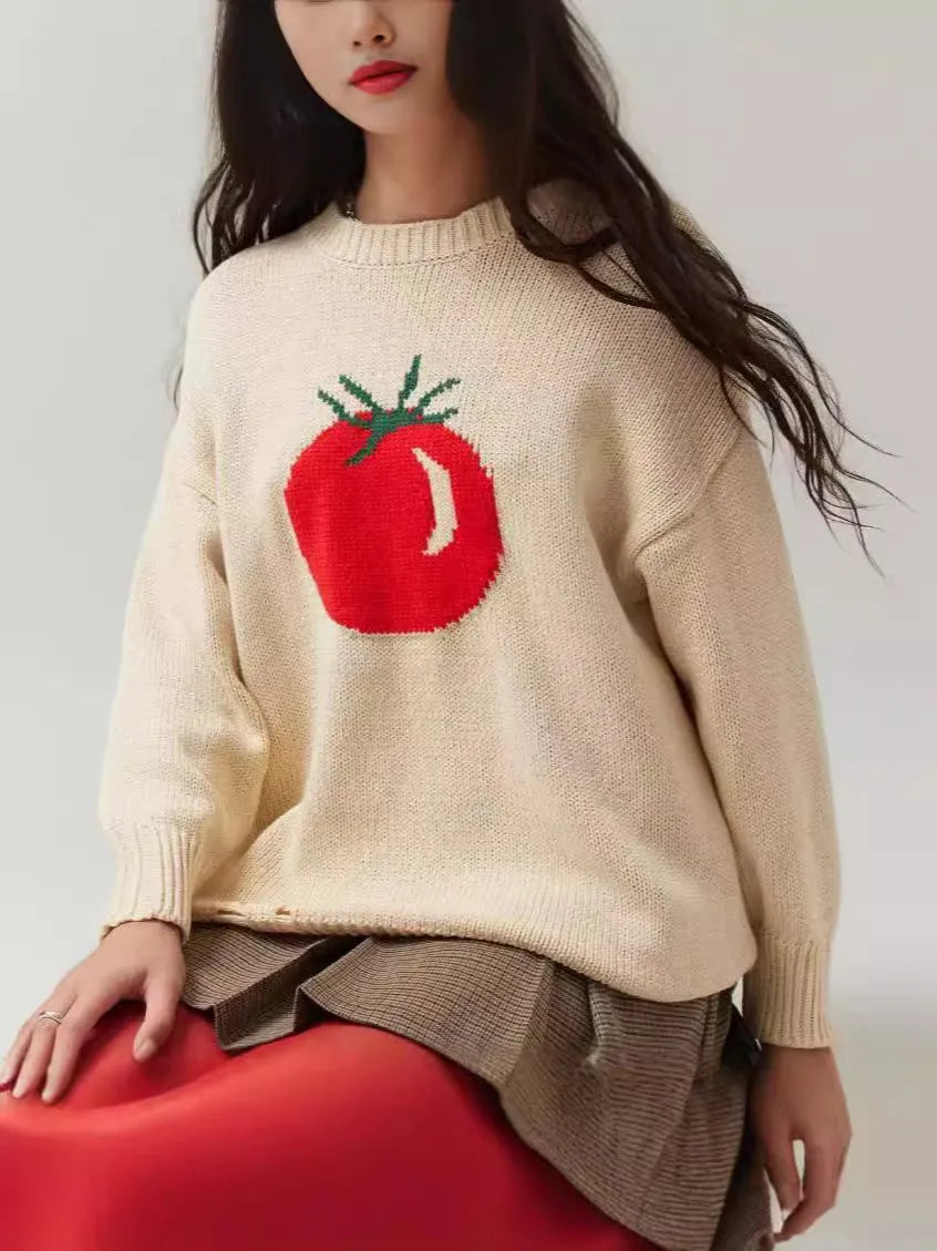Women's milky white acrylic Jacquard pullover sweater with round neck and long sleeves on a hanger.