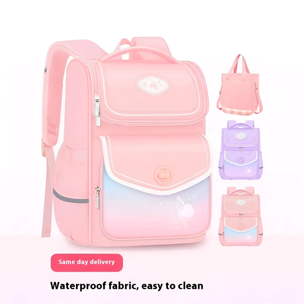 Girls waterproof oxford cloth schoolbag in pink, purple or green colours with large capacity for primary school