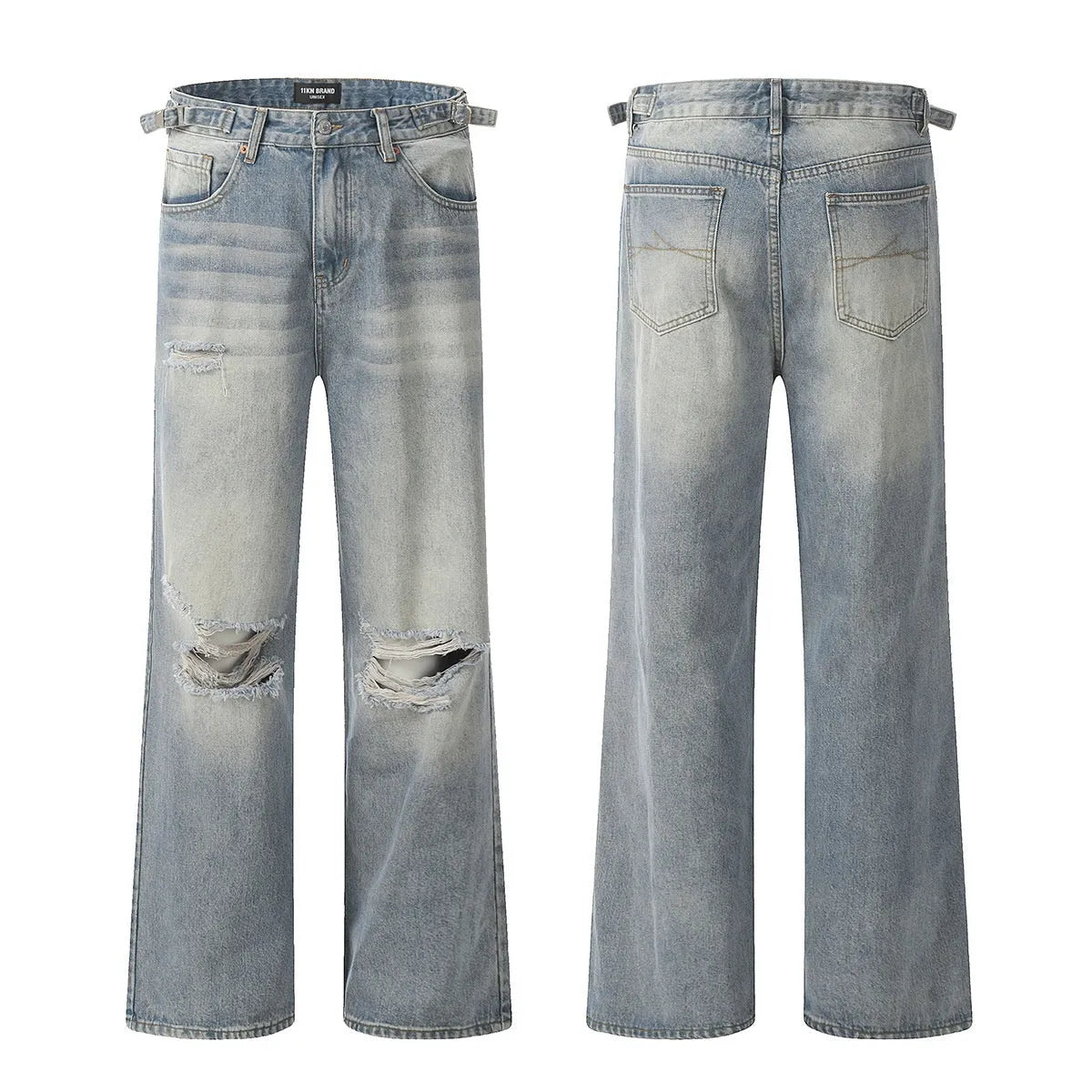 Men's blue straight-leg jeans with ripped details on the legs, showing a zipper fly.