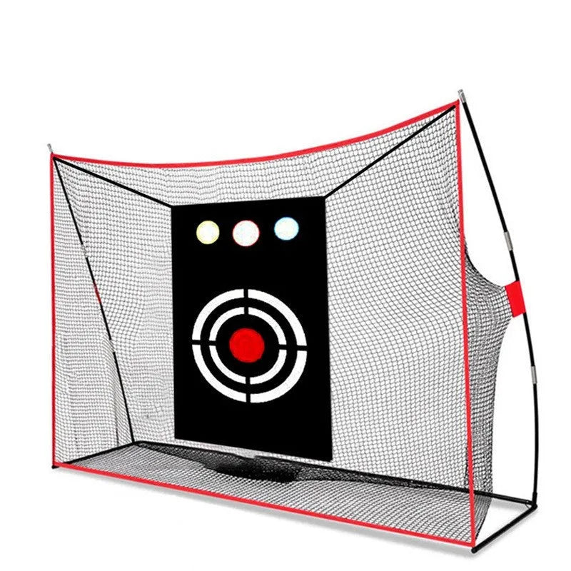 Golf swing wedge training net set with straw mat, practice balls, and target net laid out.