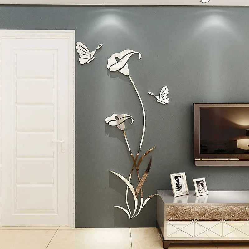 Lily flower 3D acrylic wall sticker in pink on a white wall.