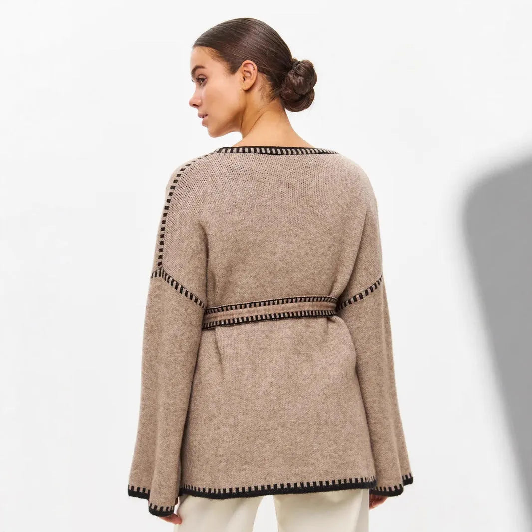 Women's lace-up knitted cotton cardigan in mid-length loose fit