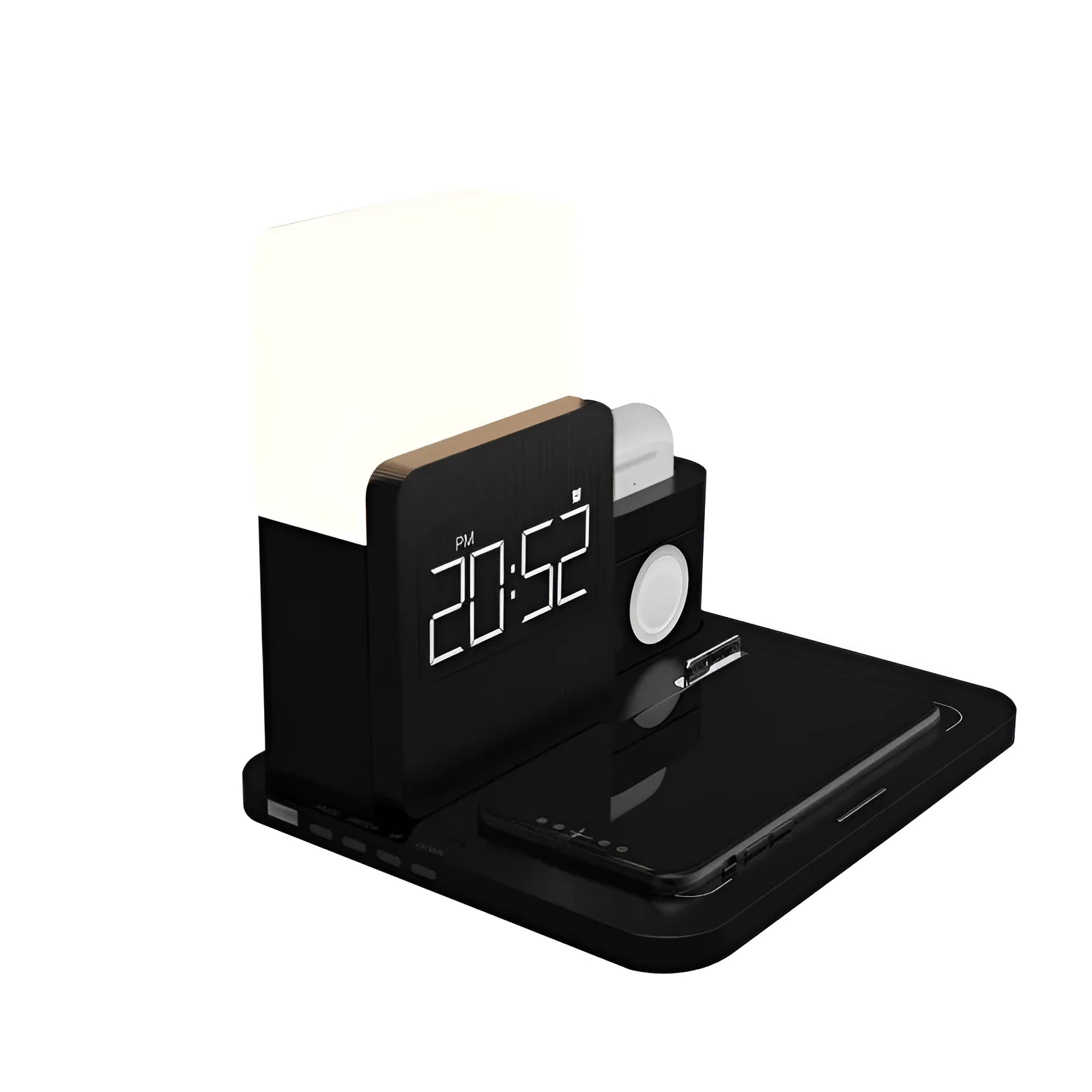 Qi wireless charger stand in dark green, light green, and black colours showing 3-in-1 charging design