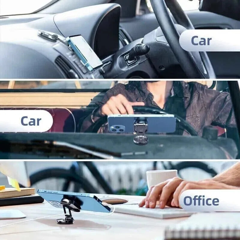 Chrome magnetic car phone holder with folding bracket extended on dashboard