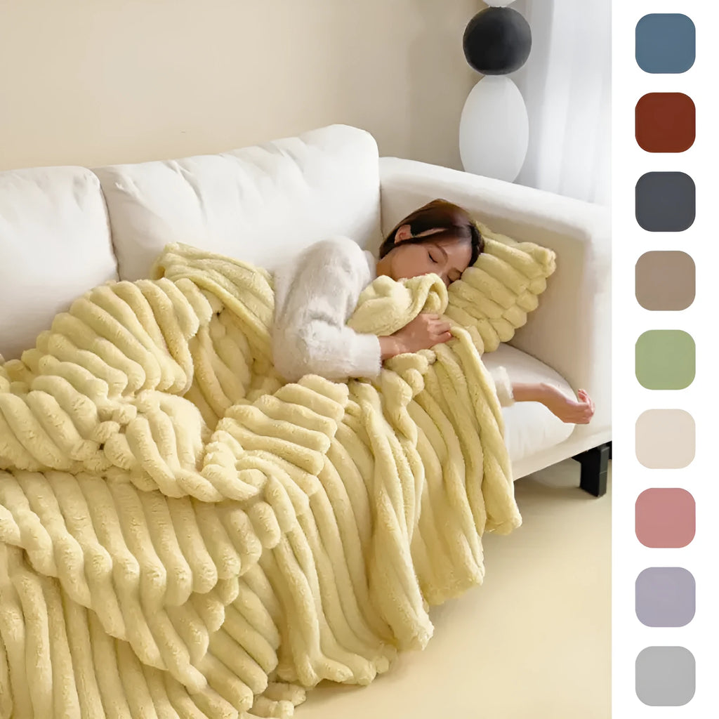 Soft Wind bubble velvet faux rabbit fur blanket in blue colour showing double-sided thickening texture