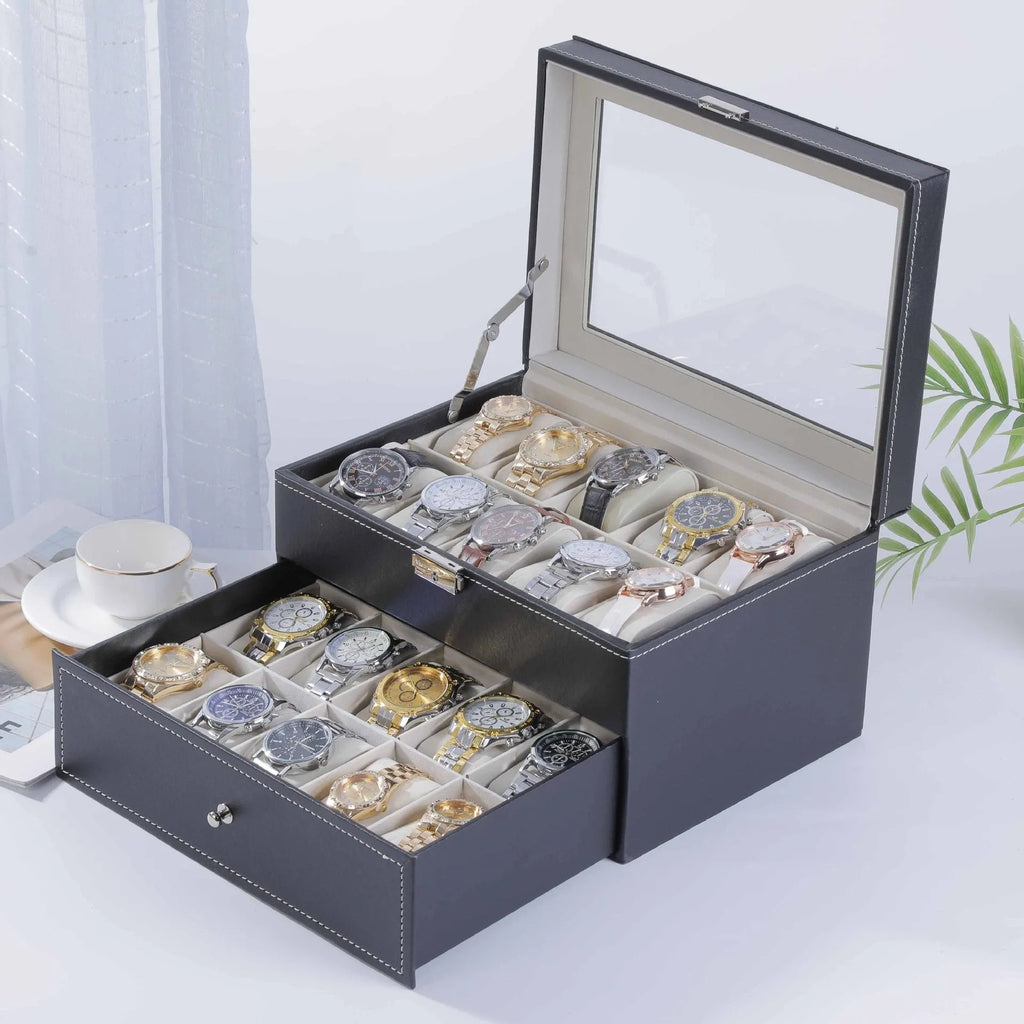 Grey high-grade leather watch storage box with see-through dustproof lid, showing watch slots inside.