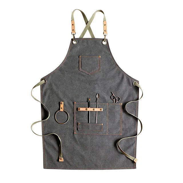 Canvas apron with cross-back straps in camel colour for kitchen and gardening protection