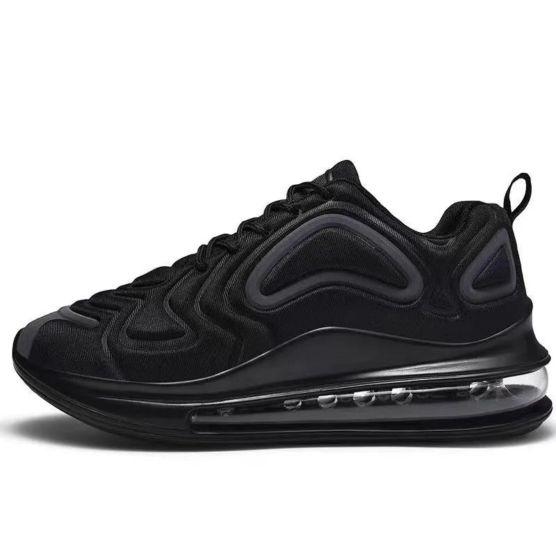 Men's black casual running sneakers with air cushion, lace-up front, and thick sole.