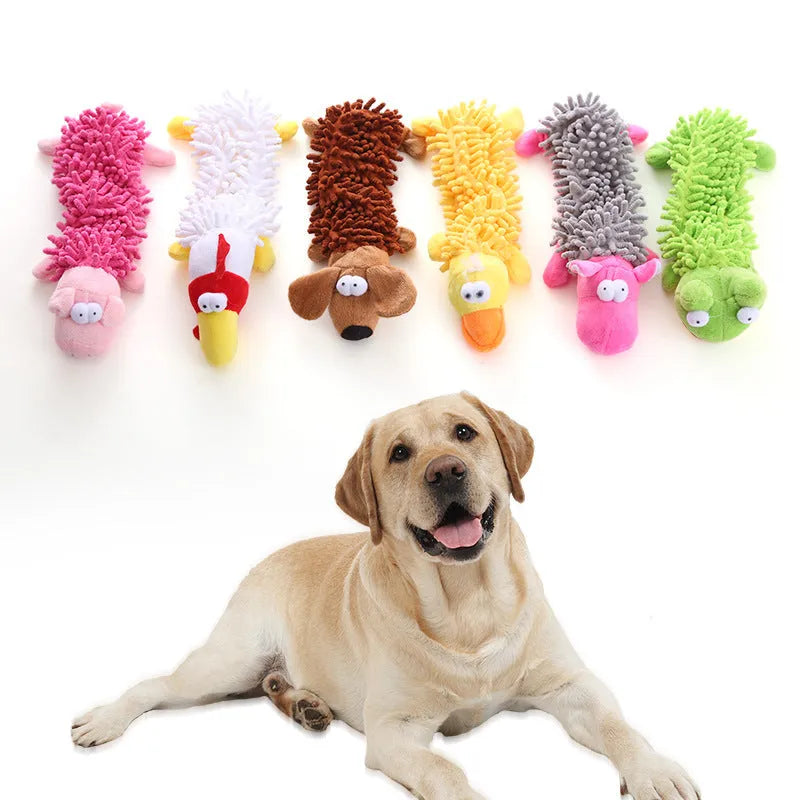 Soft plush microfiber dog chew toy in animal shapes including brown dog, yellow duck and pink pig