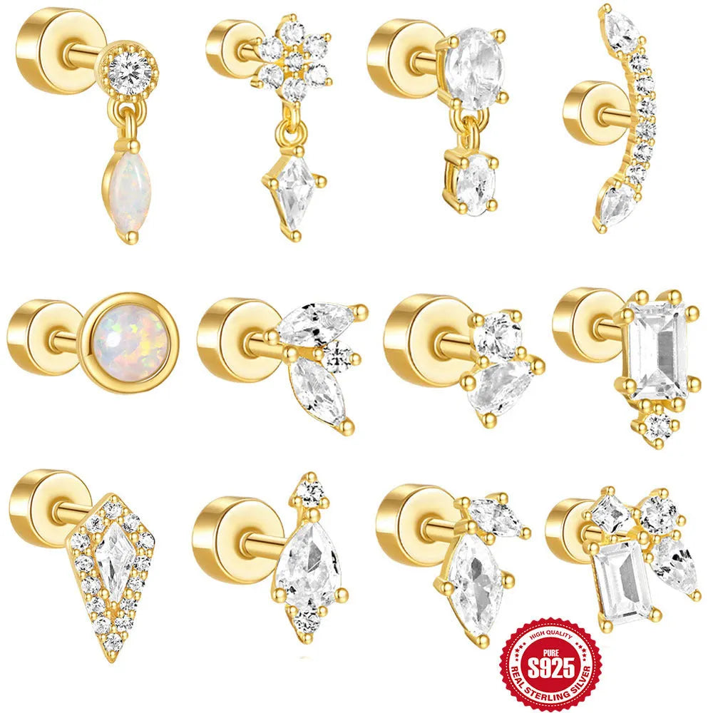 S925 sterling silver flat column ear bone stud with gold electroplating and threaded backing