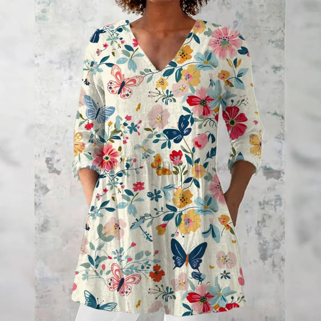 Women's retro slim fit long-sleeved top with digital print pattern in polyester fabric