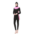 Conservative women's swimsuit with long sleeves and hood in black with coloured accents