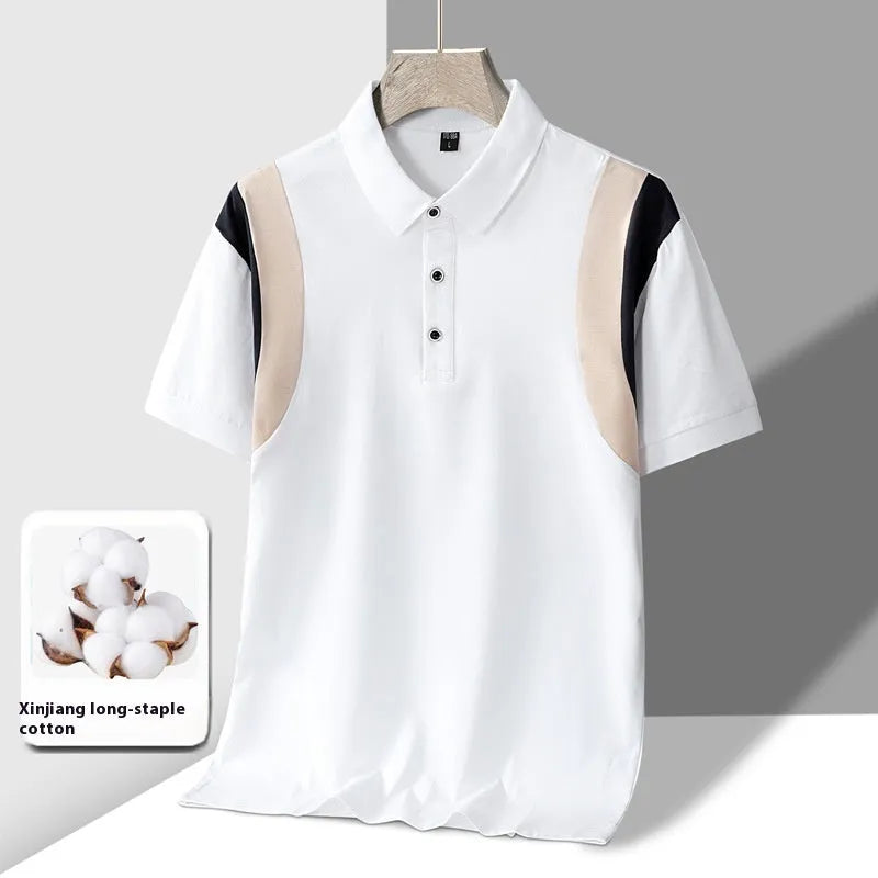 Men's thin cotton business lapel short-sleeved T-shirt in striped pattern with loose Korean fit