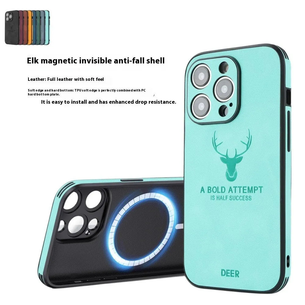 iPhone 16 magnetic charging case with a 3D embossed brown moose head design on black imitation leather.
