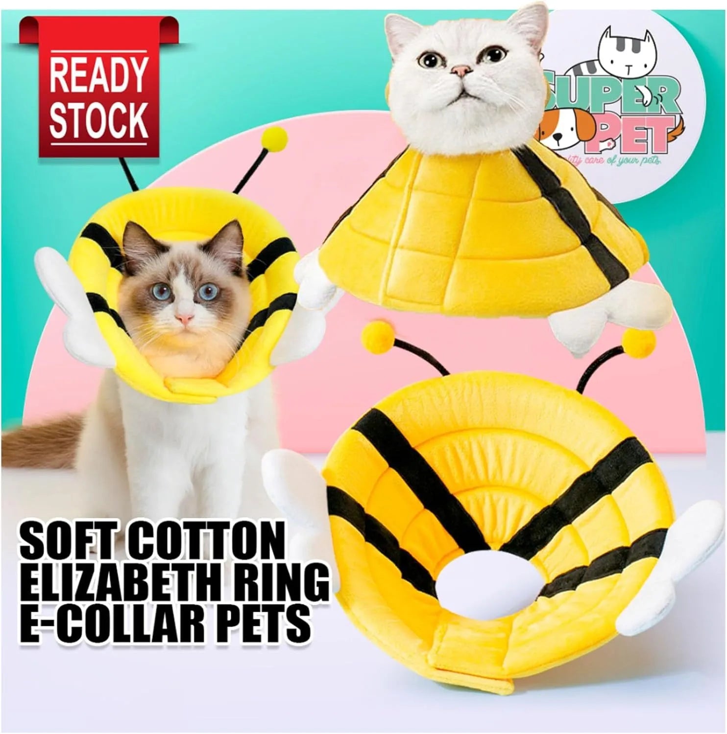 Soft adjustable cat cone collar with bee design and Velcro closure in four sizes