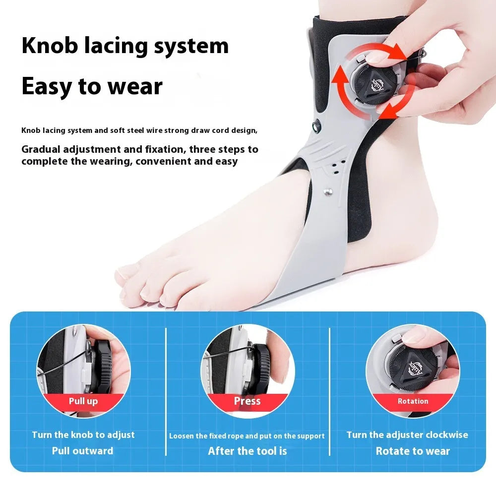 Grey ankle support brace with an airbag button shown on a left foot.