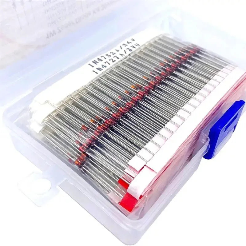 Boxed 1W Zener diode electronic component with crystal glass construction and 50V breakdown voltage specification