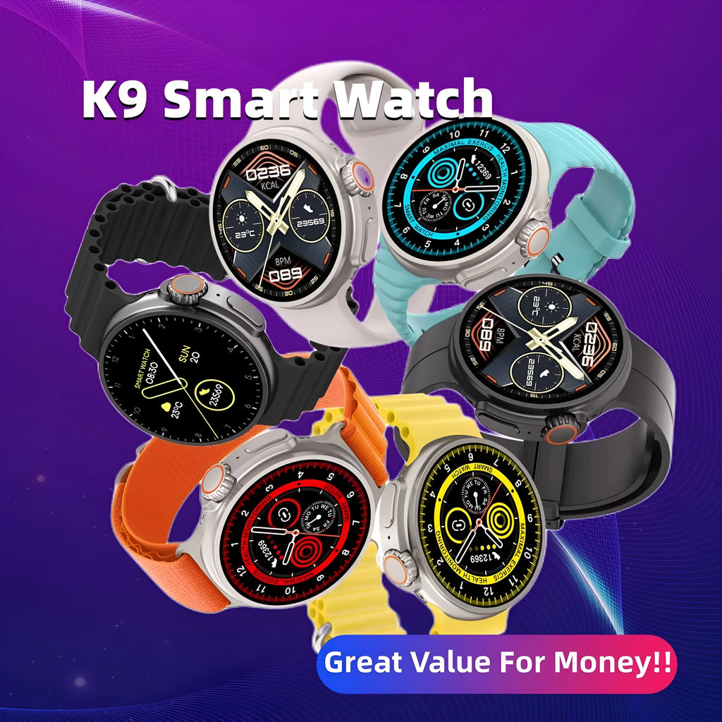 K9 smart watch with round screen and silicone strap showing NFC payment and health tracking features