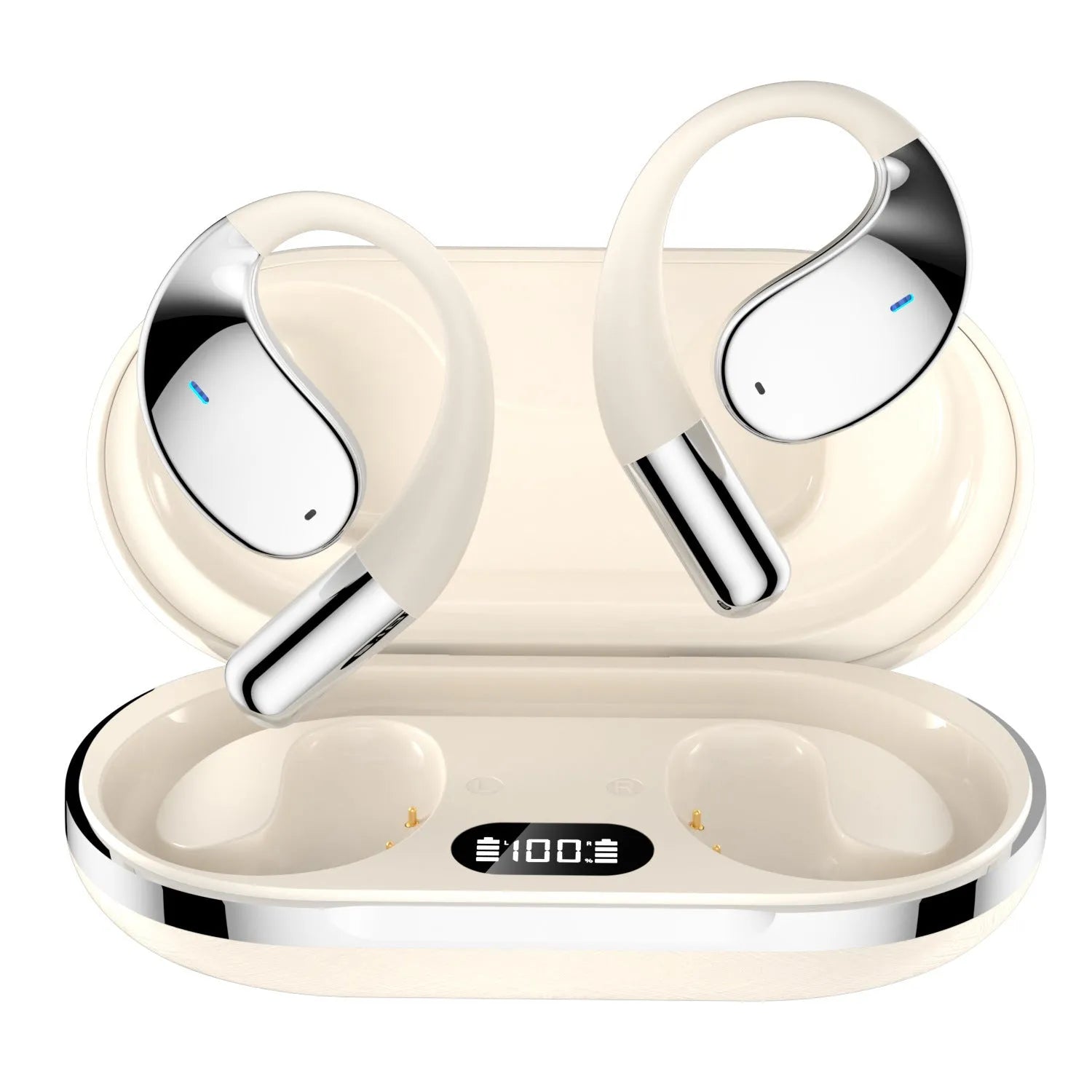 Black sports Bluetooth earphones with hanging ear design and digital display screen