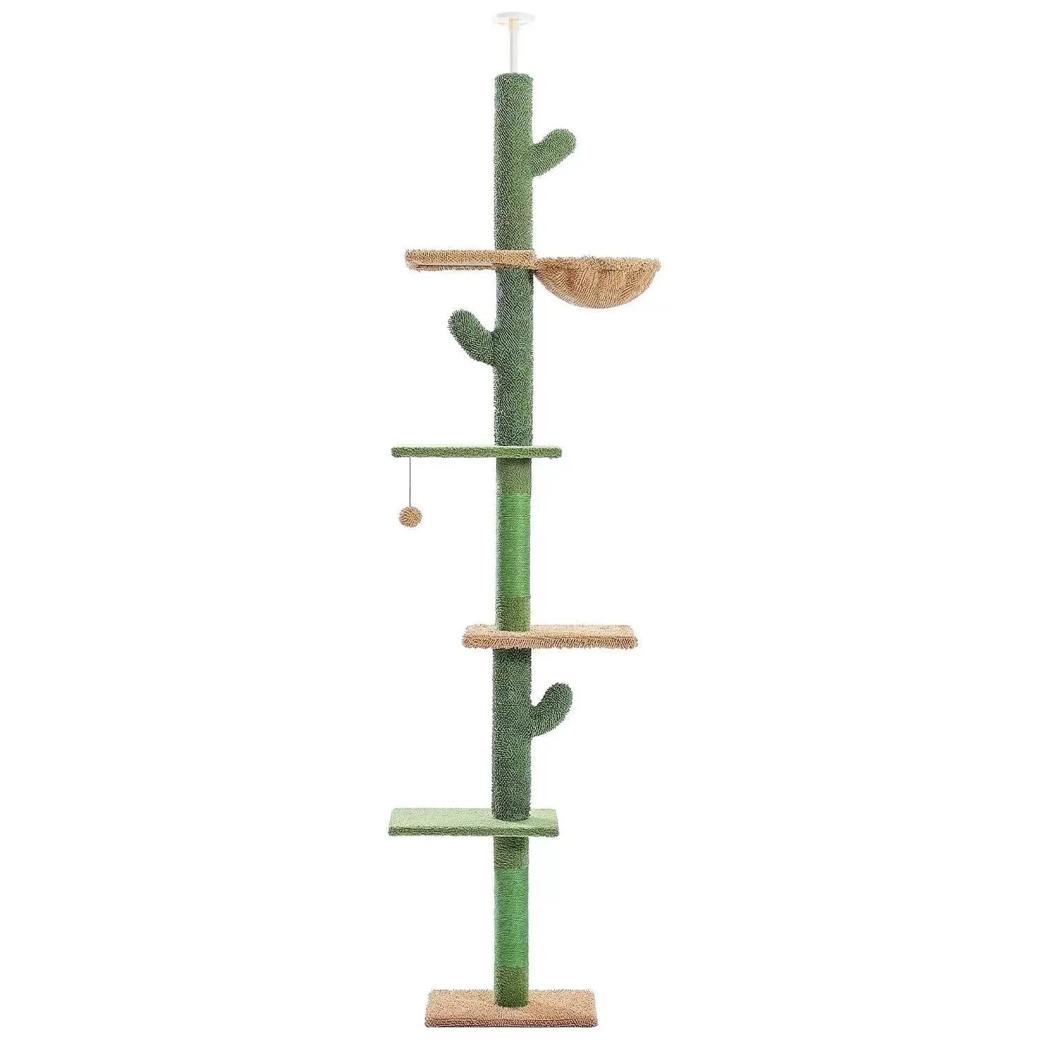 Tall cactus-shaped cat tree with integrated scratch board and nest on a solid wood frame.
