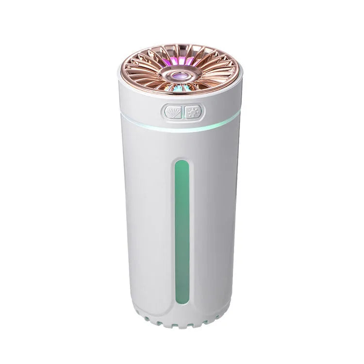 Black portable car humidifier with colourful LED lights on car cup holder showing mist output