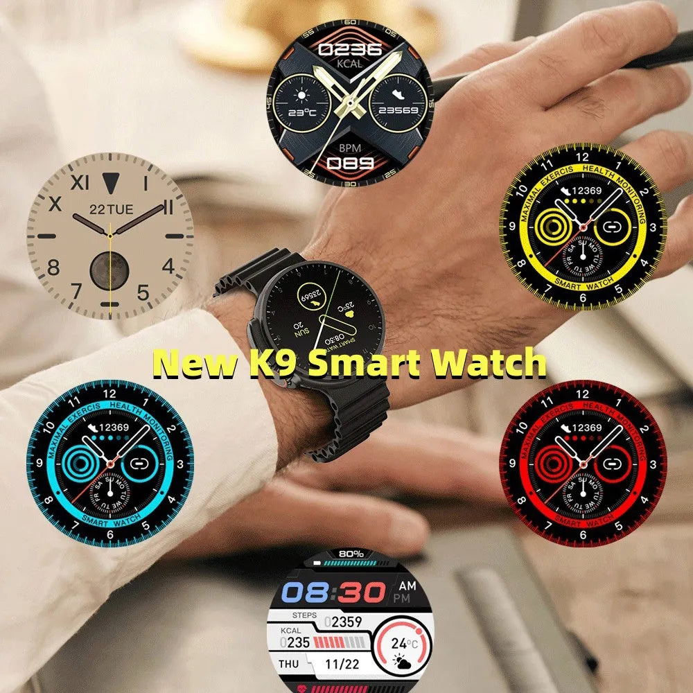 K9 smart watch with round screen and silicone strap showing NFC payment and health tracking features