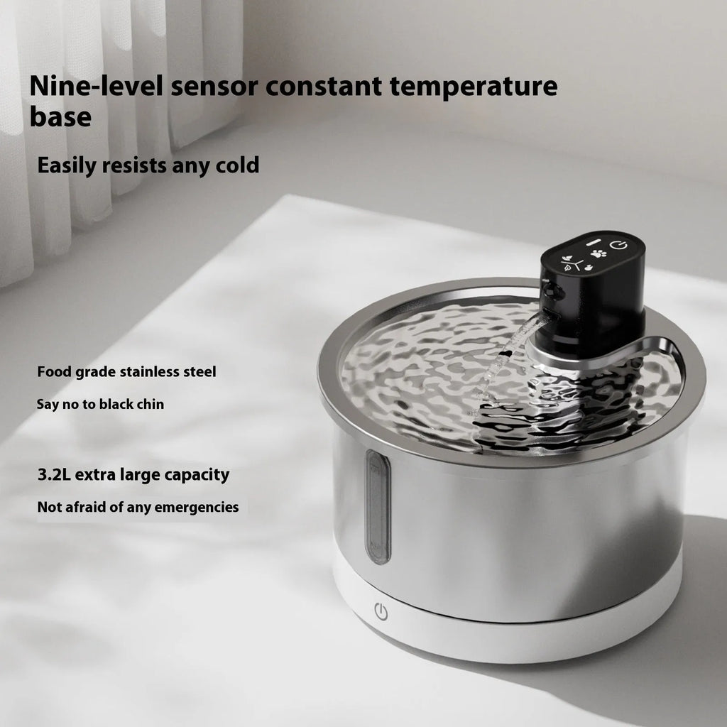 Stainless steel pet water fountain with temperature control base in black or white