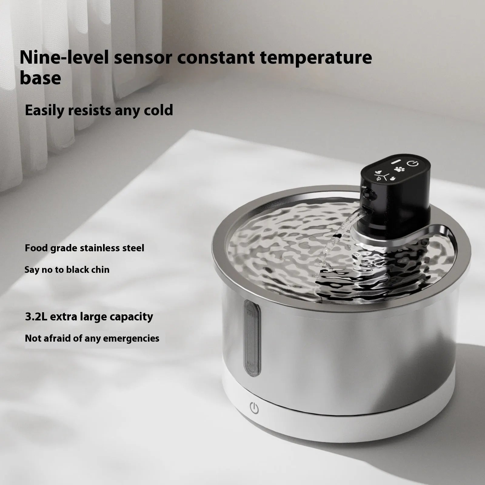 Stainless steel pet water fountain with temperature control base in black or white