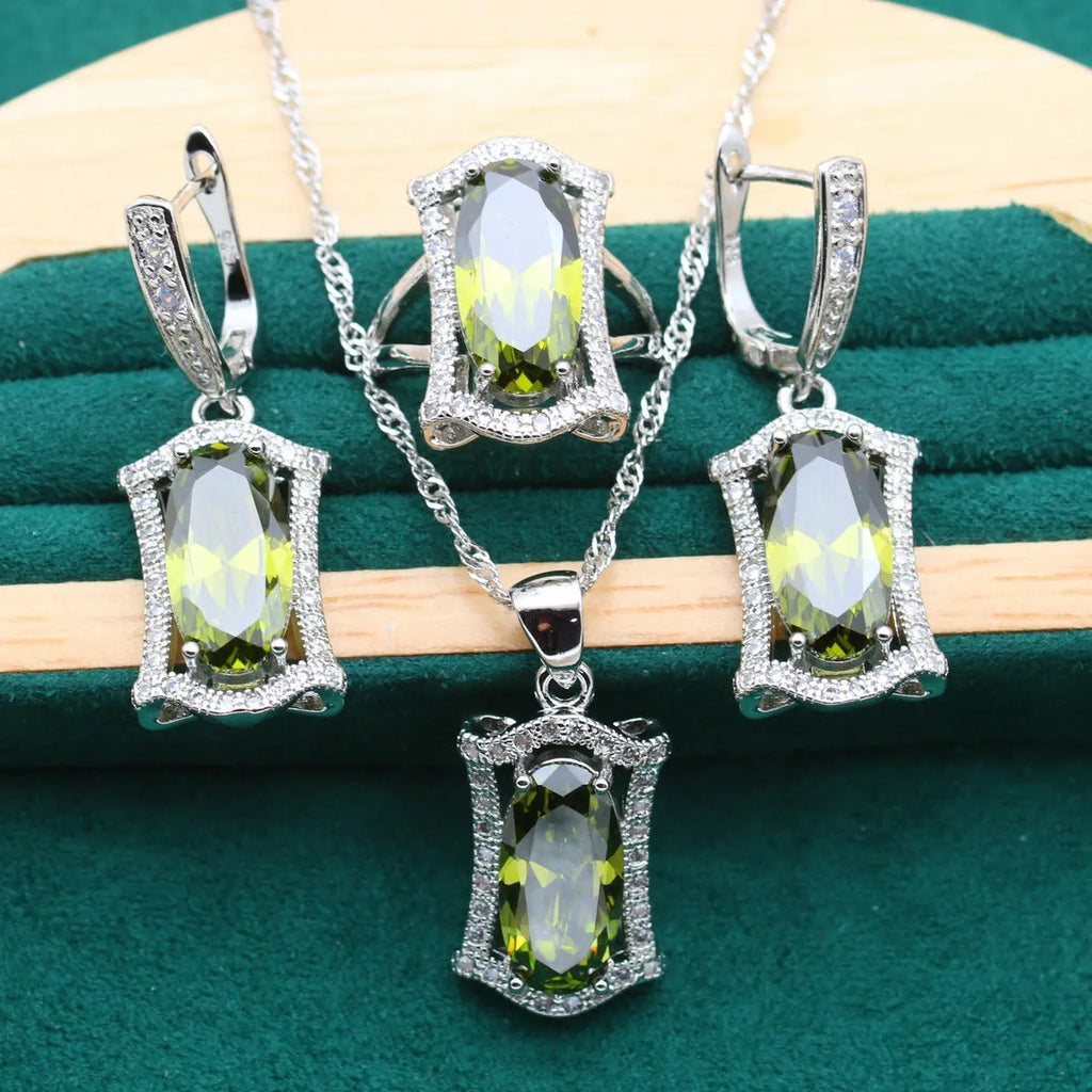 Women's zircon jewellery set with necklace, earrings, ring and bracelet in yellow or olive colour