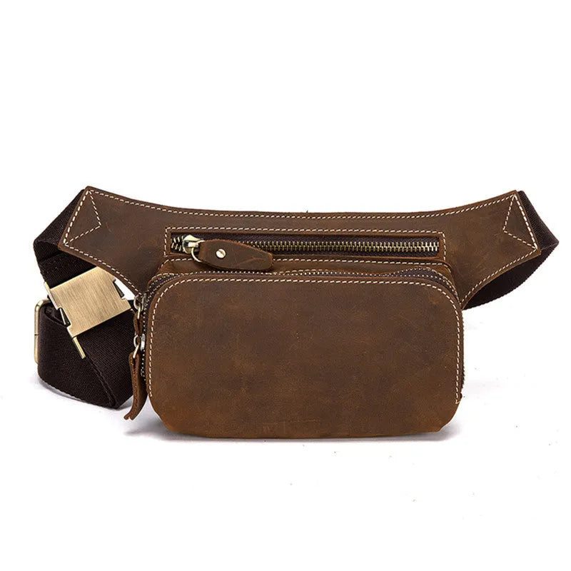 Brown cow leather men's sports waist bag showing internal phone pocket