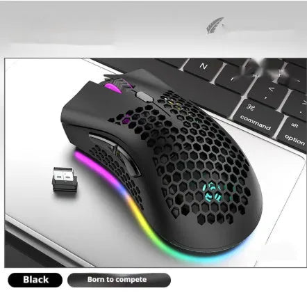 Wireless gaming mouse with hollow-out illuminated design in cyan colour showing ergonomic shape