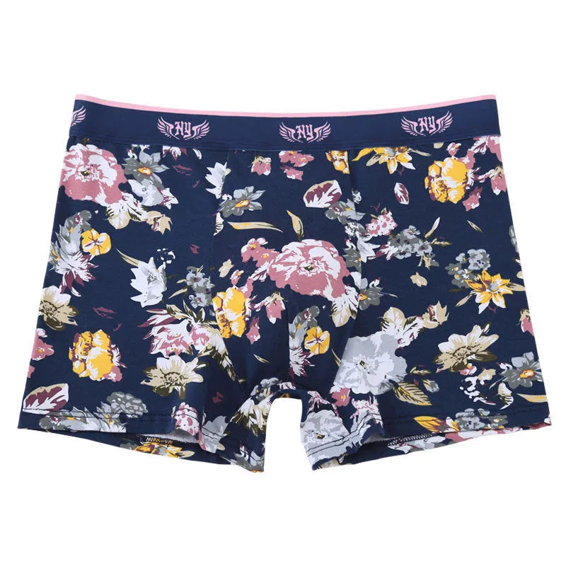 Men's cotton boxer briefs with U-shaped pouch design in floral patterns showing extended size options
