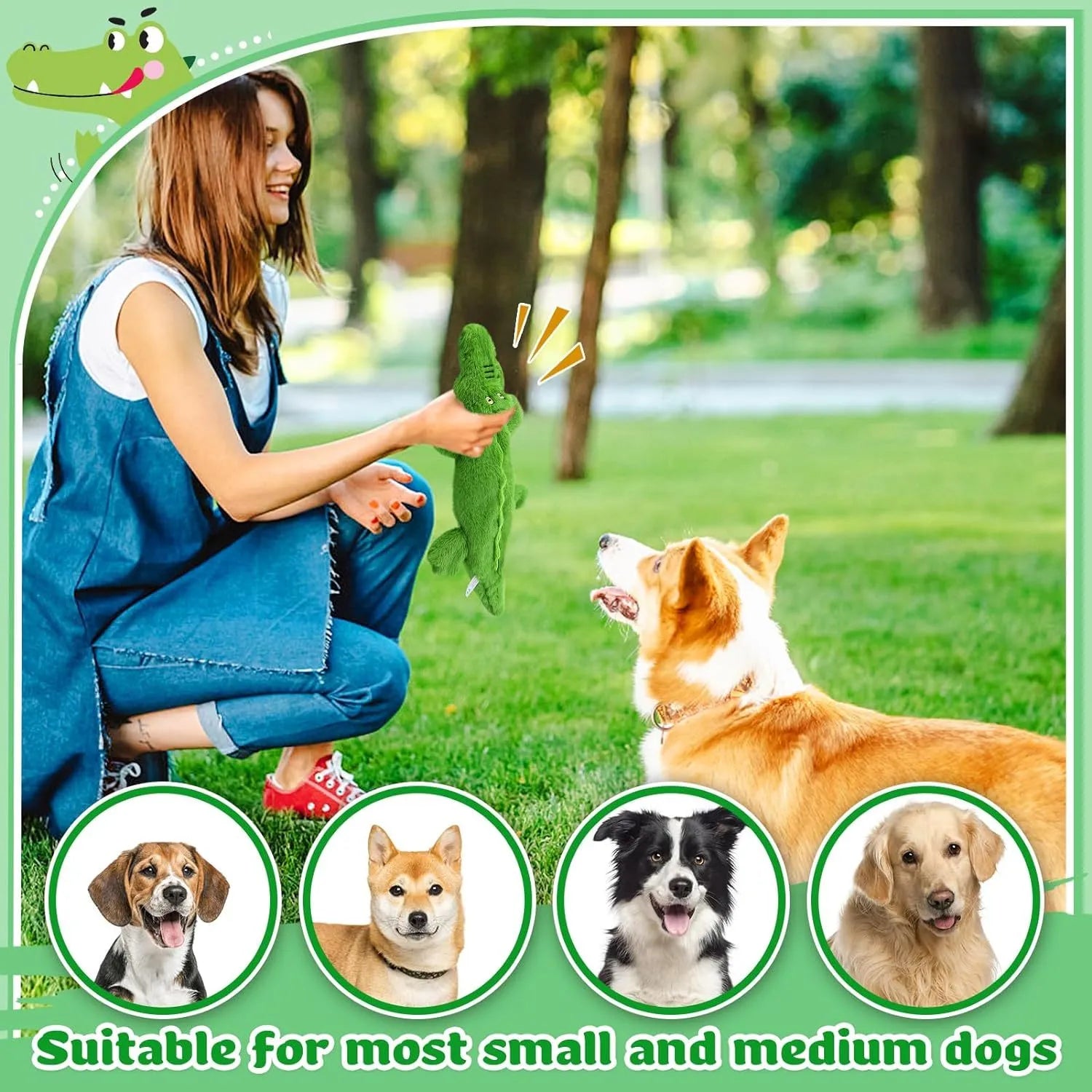 Dark green crocodile-shaped no-stuffing plush dog toy with squeaker and crinkle sound elements
